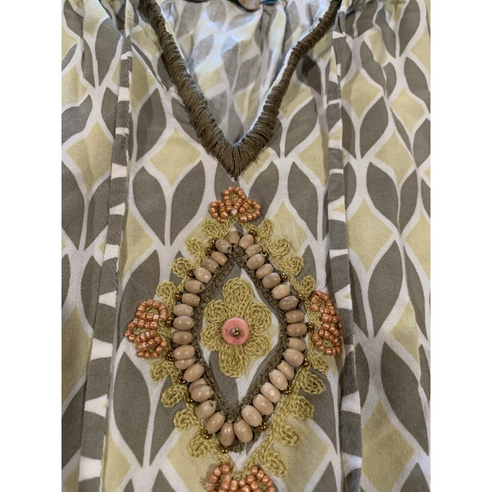 Skemo Boho Embroidered Beaded Peasant Tunic Dress Gray/Yellow M - Picture 6 of 11